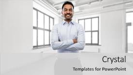  Presentation with blue and orange business people - PPT theme enhanced with business realty and people concept background and a light gray colored foreground