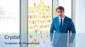  Presentation with old wite man and his music - Cool new presentation theme with business recovery planning - young handsome man with crutches backdrop and a light blue colored foreground