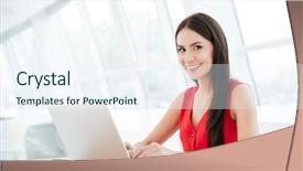  Presentation with smiling paramedic sitting in ambulance - PPT theme having business red - side view of smiling woman background and a sky blue colored foreground