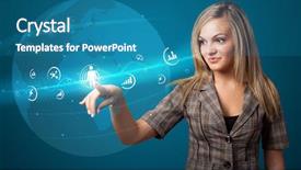  Presentation with social helpers - PPT layouts enhanced with business related - businesswoman pressing modern social buttons background and a  colored foreground