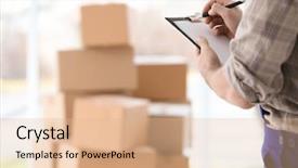  Presentation with boxes - PPT layouts consisting of business relocation - man holding clipboard on blurred background and a coral colored foreground