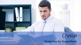  Presentation with business report - Amazing slide set having business report - businessman sitting at the table backdrop and a teal colored foreground