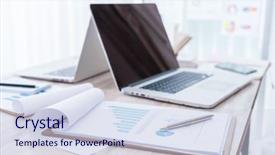  Presentation with financial report - Colorful theme enhanced with business report - financial charts on the table backdrop and a sky blue colored foreground