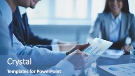  Presentation with meeting - Slide set having business report - image of businessman pointing background and a teal colored foreground