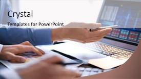  Presentation with financial report - Presentation having business report - men working at table background and a white colored foreground