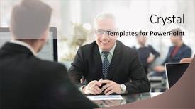  Presentation with meeting - Cool new theme with business rerlationship - businesspeople having meeting in office backdrop and a  colored foreground