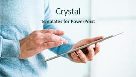  Presentation with business research - Cool new PPT theme with business research - man working with tablet computer backdrop and a sky blue colored foreground