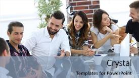  Presentation with current - Beautiful PPT theme featuring business research - smiling team discussing the current backdrop and a  colored foreground