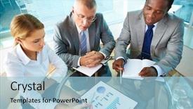  Presentation with secretary - Presentation design having business resorces - portrait of pretty secretary pointing background and a light blue colored foreground