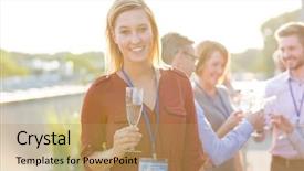  Presentation with retreat - Presentation design featuring business retreat - attractive blonde businesswoman wearing red background and a coral colored foreground