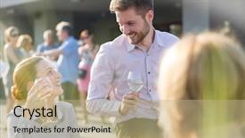  Presentation with wine - PPT layouts enhanced with business retreat - businessman pouring wine for businesswoman background and a coral colored foreground