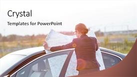  Presentation with map - Audience pleasing theme consisting of business road maps - businesswoman reading map while standing backdrop and a  colored foreground