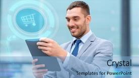  Presentation with shopping trolley - Amazing theme having business sale technology and people concept - smiling businessman with tablet pc computer and virtual shopping trolley icon hologram on city street backdrop and a light blue colored foreground