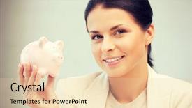  Presentation with piggy bank - PPT theme enhanced with business savings - picture of lovely woman background and a lemonade colored foreground