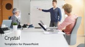  Presentation with whiteboard - Cool new presentation theme with business school student making presentation backdrop and a white colored foreground