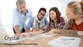  Presentation with school finance - Cool new PPT layouts with business school students in marketing backdrop and a coral colored foreground