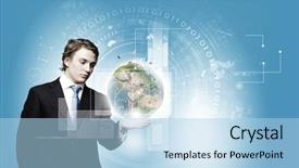  Presentation with media and information literacy - Beautiful presentation theme featuring business science - businessman in suit touching icon backdrop and a  colored foreground