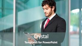  Presentation with software - PPT theme having business service software - young businessman using a tablet background and a  colored foreground