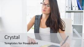  Presentation with female office graphics - Audience pleasing presentation consisting of summer landscape waterfall gegsky gagra backdrop and a tawny brown colored foreground