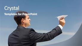  Presentation with cutout paper people standing around globe holding hands - Beautiful presentation theme featuring business soaring - photo of businessman holding paper backdrop and a teal colored foreground