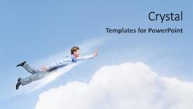  Presentation with high performance teams - Audience pleasing PPT theme consisting of business soaring - young businessman superhero flying high backdrop and a  colored foreground