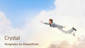  Presentation with high standards - Cool new PPT theme with business soaring - young businessman superhero flying high backdrop and a cream colored foreground