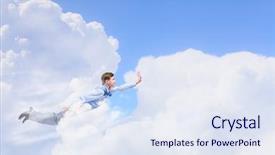  Presentation with superhero - PPT layouts having business soaring - young businessman superhero flying high background and a sky blue colored foreground