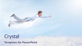  Presentation with superhero - Colorful slide set enhanced with business soaring - young businessman superhero flying high backdrop and a sky blue colored foreground