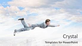  Presentation with superhero - Slide set with business soaring - young businessman superhero flying high background and a white colored foreground