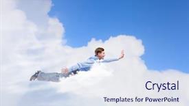  Presentation with soaring - Cool new PPT theme with business soaring - young businessman superhero flying high backdrop and a sky blue colored foreground