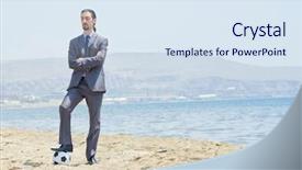  Presentation with football drils - Beautiful PPT theme featuring business soccer - businessman with football on beach backdrop and a sky blue colored foreground