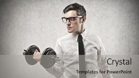  Presentation with worker - Cool new PPT theme with potency - office worker with glasses raising backdrop and a light gray colored foreground