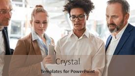  Presentation with business review - Presentation design featuring business-start-up-team-people background and a coral colored foreground