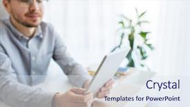  Presentation with home office - Amazing theme having business startup and people concept - close up of happy businessman or creative male office worker with tablet pc computer at home office backdrop and a sky blue colored foreground