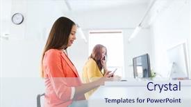  Presentation with african american startup - PPT layouts consisting of business startup and people concept - happy african american businesswoman or creative worker texting on smartphone at office background and a sky blue colored foreground