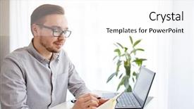  Presentation with creative writing - Slide set consisting of business startup and people concept - businessman or creative male worker writing to notebook or diary with pen at home office background and a white colored foreground