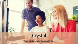  Presentation with business networking - PPT theme consisting of business startup and people concept - happy creative team networking with computer in office background and a coral colored foreground