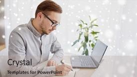  Presentation with creative writing - Amazing PPT theme having business startup and people concept - businessman or creative male worker writing to notebook or diary with pen at home office over snow backdrop and a mint green colored foreground