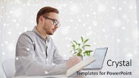  Presentation with creative writing - Slide deck featuring business startup and people concept - businessman or creative male worker writing to notebook or diary with pen at home office over snow background and a light gray colored foreground