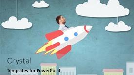  Presentation with rocket - Amazing PPT layouts having business startup development and people concept - businessman flying on rocket above cartoon city backdrop and a light blue colored foreground