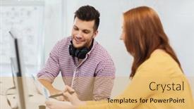  Presentation with technology students - Theme featuring business startup education technology and people concept - creative team or students with headphones and computer at office background and a yellow colored foreground