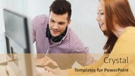  Presentation with technology students - Colorful slides enhanced with business startup education technology and people concept - creative team or students with headphones and computer at office backdrop and a yellow colored foreground