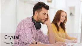  Presentation with technology students - Colorful PPT theme enhanced with business startup education technology and people concept - creative team or students with headphones and computer at office backdrop and a coral colored foreground