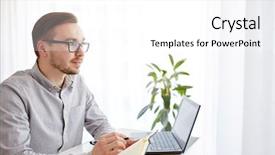  Presentation with creative thinking - Theme enhanced with business startup inspiration and people concept - happy businessman or creative male worker with notebook or diary thinking at home office background and a white colored foreground