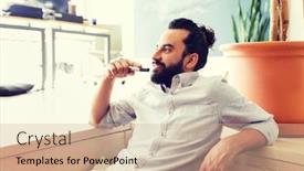  Presentation with inspiration - Beautiful theme featuring business startup inspiration and people concept - happy latin man with beard and hair bun at office backdrop and a coral colored foreground