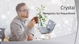  Presentation with creative thinking - Audience pleasing PPT theme consisting of business startup inspiration and people concept - happy businessman or creative male worker with notebook or diary drinking coffee and thinking at home office over snow backdrop and a light gray colored foreground
