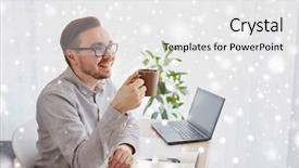  Presentation with creative thinking - Beautiful slides featuring business startup inspiration and people concept - happy businessman or creative male worker with notebook or diary drinking coffee and thinking at home office over snow backdrop and a white colored foreground