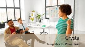  Presentation with team planning - Beautiful slides featuring business startup planning and people backdrop and a coral colored foreground