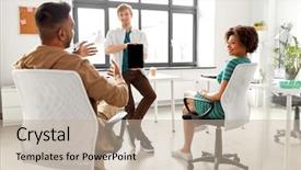  Presentation with team planning - Cool new PPT theme with business startup planning and people backdrop and a  colored foreground