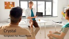  Presentation with team planning - PPT theme enhanced with business startup planning and people background and a coral colored foreground